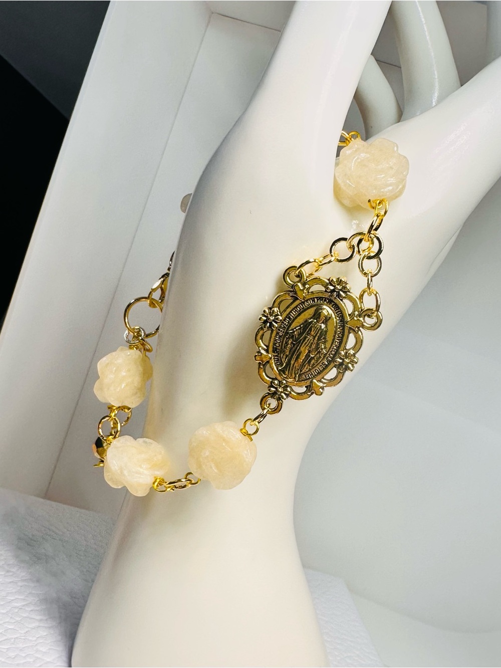 Gold-Tone Virgin Mary Bracelet with Jade Cream Flower stone Beads
